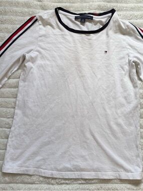 Tommy Hilfiger White Long-Sleeve Crew with Red & Navy Sleeve Stripes